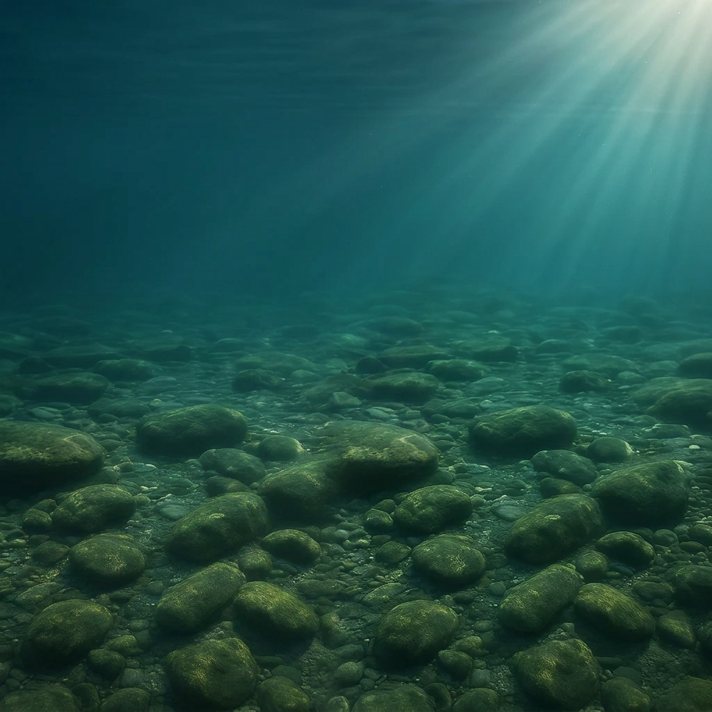 Illustration of a clear, sunlit underwater riverbed
