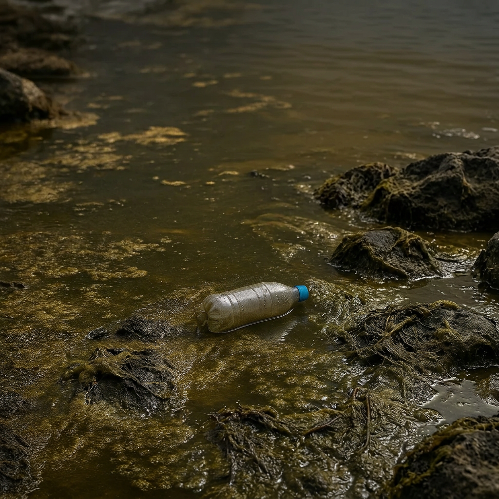 Illustration of a polluted, murky shoreline with plastic debris